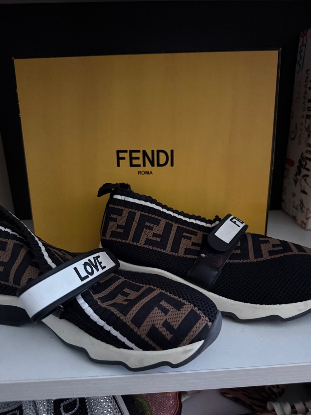 Fendi Black & Brown FF Logo Slip-On Sneakers with LOVE Strap